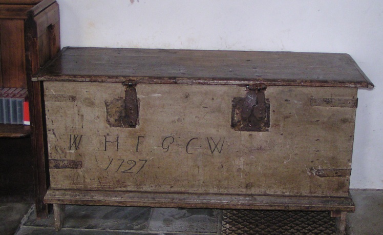 The parish chest in the village church at Hook Norton, Oxfordshire.