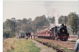 The steam train arrives at Murphys Creek station.