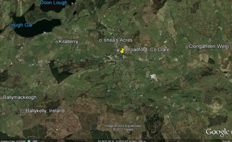 A Google Earth map of Broadford and surrounding areas, including the townland of Ballykelly.