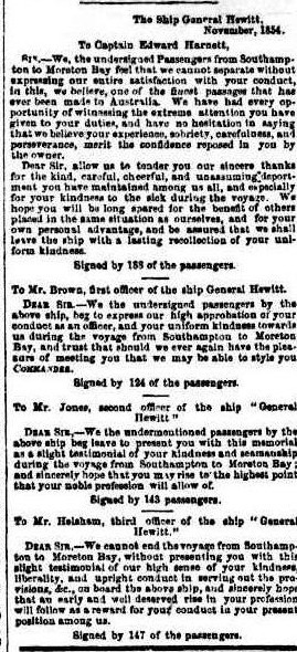 Were the Kents among the many passengers who signed the testimonials. Moreton Bay Courier 23 December 1854.
