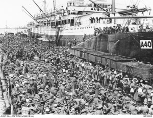 This is an embarkation of troops on the HMAT Ceramic in 1915. AWM image H19500 out of copyright.