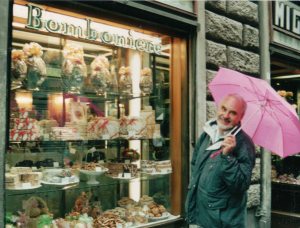 The Italians do Easter treats more glamorously than anyone. Mr Cassmob looking happy despite the rain outside a Florentine Bonbonierie.