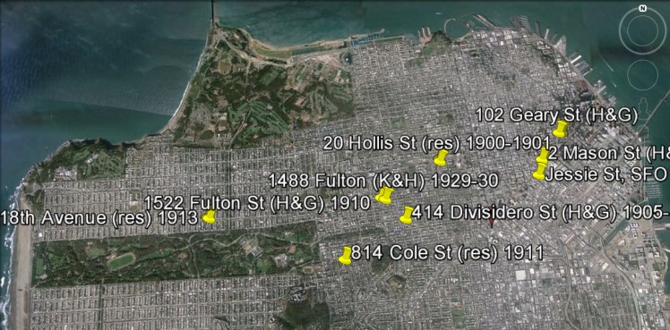 Pinned places of residence and work for Charles and Ida Happ. Prepared with Google Earth.