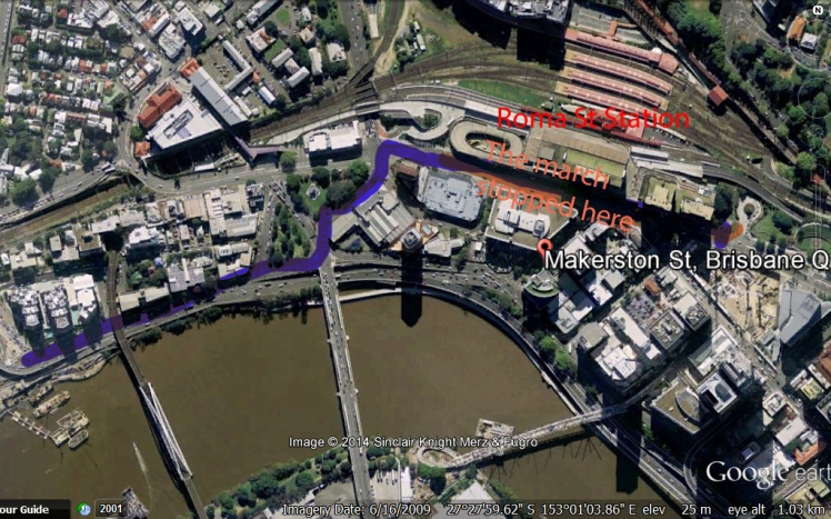 This Google Earth map shows the last stage of this civil liberties march and the route diversion, finishing outside Roma St Railway Station.