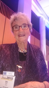 Jan Gow, NZ, proudly displaying her medallion at the dinner.