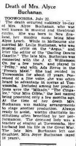 Death of Mrs. Alyce Buchanan. (1930, July 23). The Brisbane Courier (Qld. : 1864 - 1933), p. 17. http://nla.gov.au/nla.news-article21544807