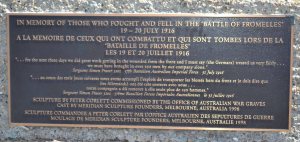 Memorial plaque on the Cobbers sculpture.
