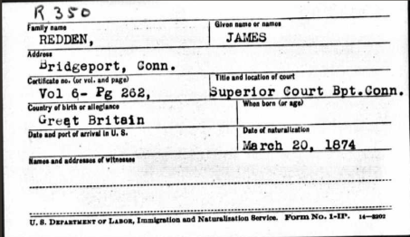 REDDAN James naturalisation 1874