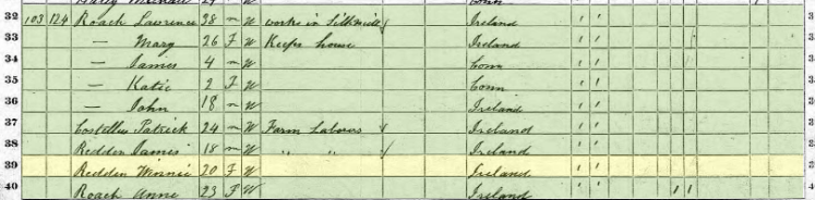 REDDAN Winifred and James 1870 census