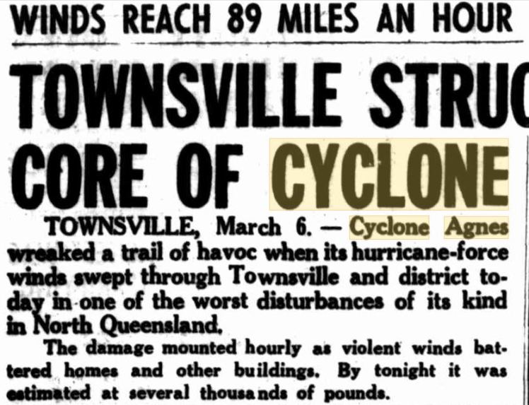 Cyclone Agnes TSV Central Qld Herald 1956